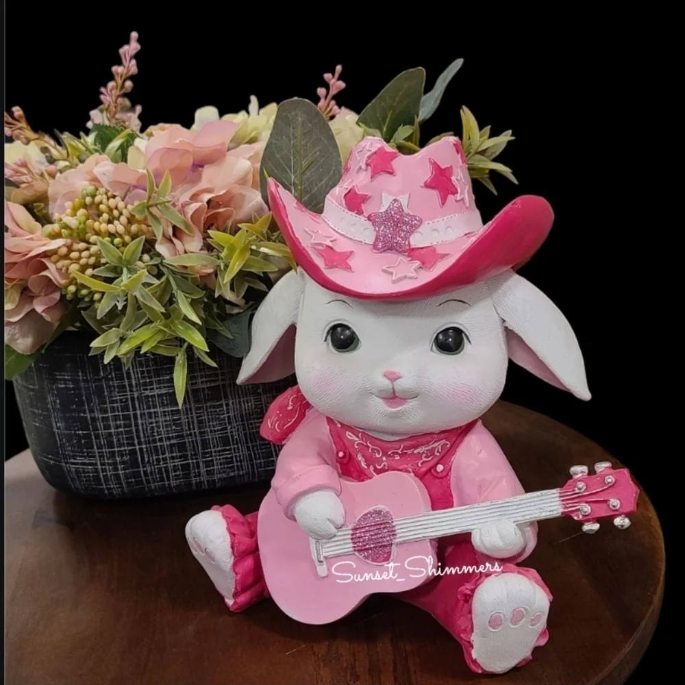 Bunny Girl Sparkly Pink Cowboy Hat Overalls Guitar Figure Decor